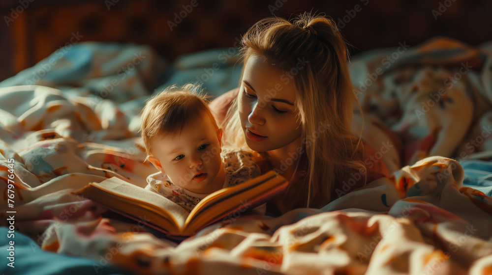 Young mother reading book to get cute little baby in bed Young mother reading book to get cute little baby in bed