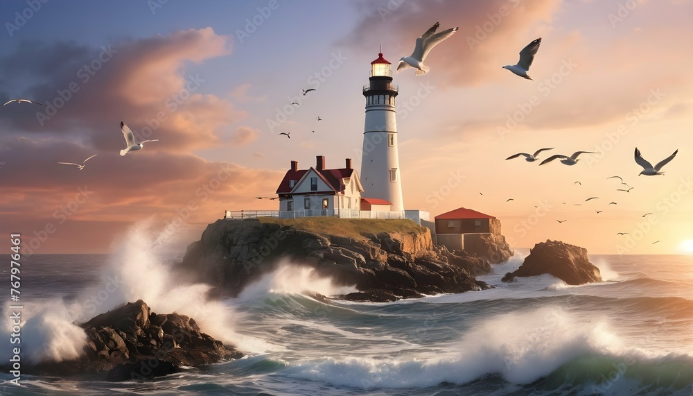 A Tranquil Realistic Coastal Lighthouse Scene At