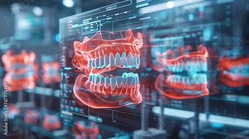 a futuristic dental analysis scene of multiple holographic displays reveal various angles and cross-sections of a patient's dental structure.