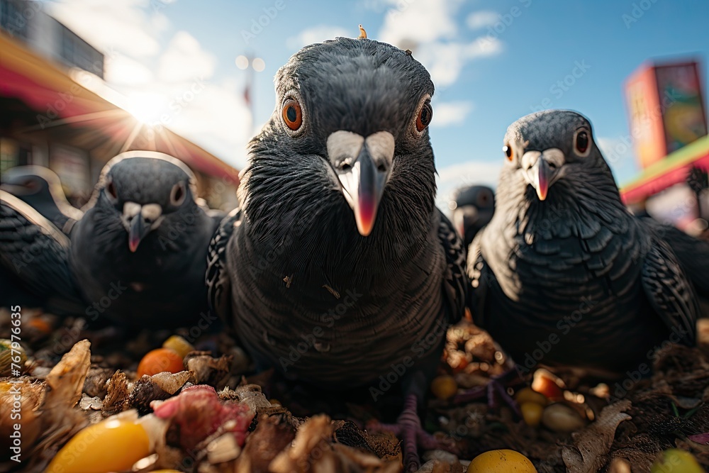 Hungry pigeons at the fair in search of food., generative IA - obrazy, fototapety, plakaty 