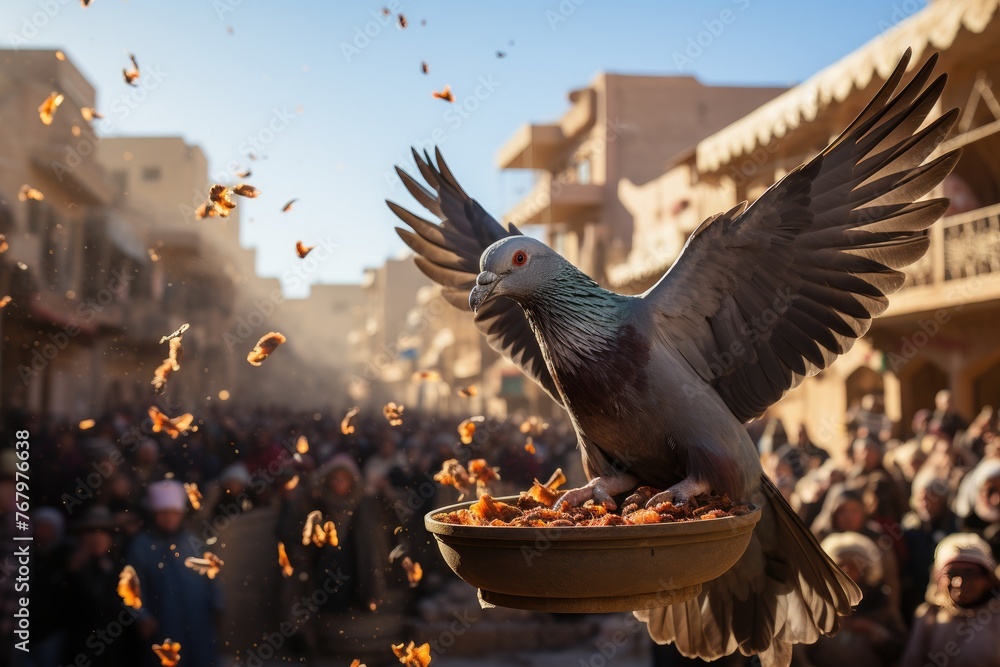 Crowd feeding pigeons in a tourist scenario., generative IA - obrazy, fototapety, plakaty 
