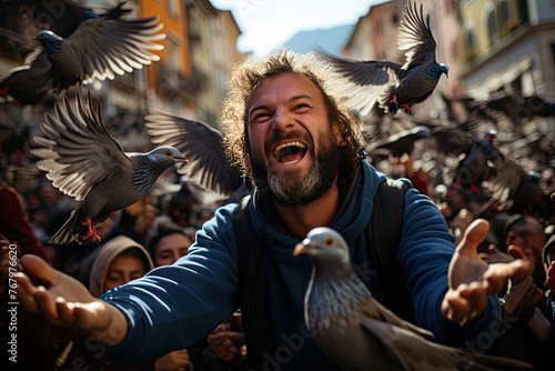 Crowd feeding pigeons in a tourist scenario., generative IA photo