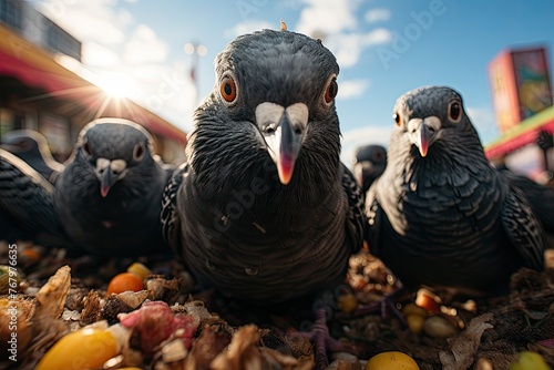 Hungry pigeons at the fair in search of food., generative IA photo