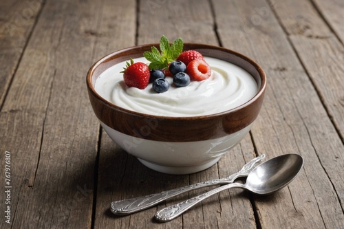 Bowl of yoghurt on antinque wooden table with silver spoon. photo