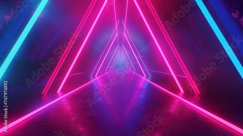 A vibrant neon-lit triangular tunnel with pink and blue lights reflecting on wet ground, evoking a futuristic or sci-fi mood.