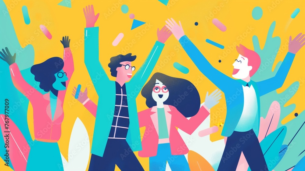 Vibrant and colorful illustration of professionals from diverse backgrounds cheering and celebrating their success as a team in the office. Showcasing the joy. Enthusiasm Vibrant and colorful illustration of professionals from diverse backgrounds cheering and celebrating their success as a team in the office. Showcasing the joy. Enthusiasm