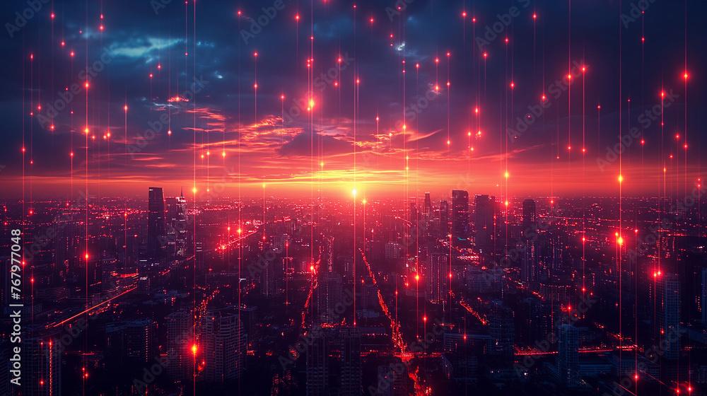 Obraz premium Smart city technology in the form of pixels with lines that connect with the city in a unique way. conveys the technology of A city that takes advantage of modern and intelligent technology innovation