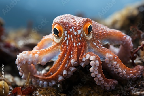 Camouflaged octopus perfectly in the marine nature.  generative IA