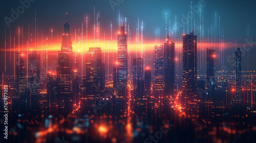 Smart city technology in the form of pixels with lines that connect with the city in a unique way. conveys the technology of A city that takes advantage of modern and intelligent technology innovation photo
