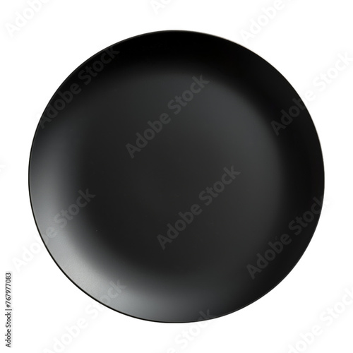 A black plate with a white background. The plate is round and has a shiny surface. The plate is placed on a white background, which makes it stand out