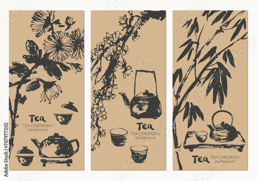 Hand drawn ink sketch of teapot, cups, bamboo, plum blossom, tray, leaves, scoop traditional asian style