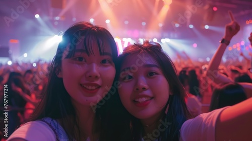 people dancing in the club, selfie image of two young women at a concert in a giant indoor arena, capture the excitement of live music, vibrant atmosphere, friendship and fun, concert hall ambience