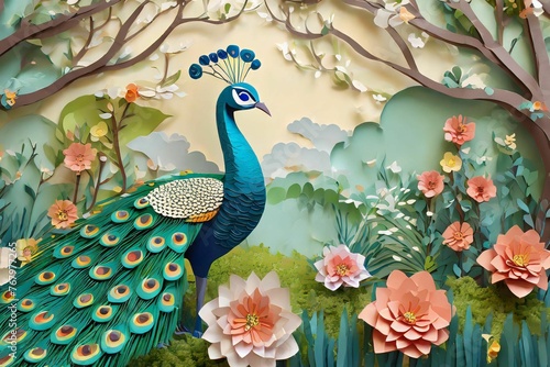 Paper craft style illustration of peacock in garden with flower and tree