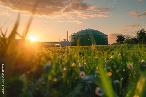 Sunset over biogas plant in rural area converting organic waste into bioenergy. Concept Sunset Views, Biogas Plant, Rural Living, Organic Waste, Bioenergy