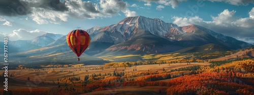 A mountain that changes color with the seasons, viewed from a hot air balloon.