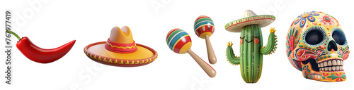 Embrace the Mexican Party Spirit with Maracas, Cactus, Painted Skull, Calavera, Sombrero, Mexican Hat, and Mexican Rattle in Simple Cartoon 3D Illustration Ren, Isolated on Transparent Background, PNG photo