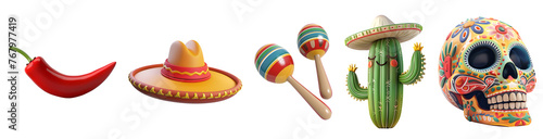 Embrace the Mexican Party Spirit with Maracas, Cactus, Painted Skull, Calavera, Sombrero, Mexican Hat, and Mexican Rattle in Simple Cartoon 3D Illustration Ren, Isolated on Transparent Background, PNG