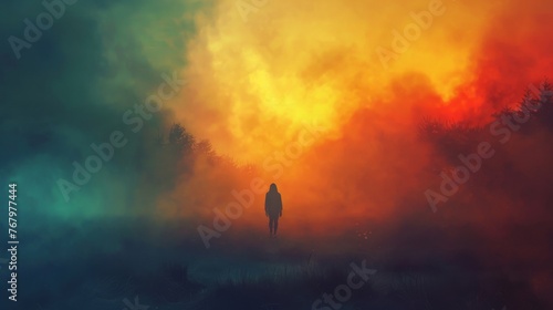 A mysterious figure standing at the edge of a misty forest at dawn, the rising sun casting long shadows and creating a high contrast between the silhouetted figure.