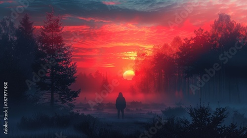 A mysterious figure standing at the edge of a misty forest at dawn, the rising sun casting long shadows and creating a high contrast between the silhouetted figure.