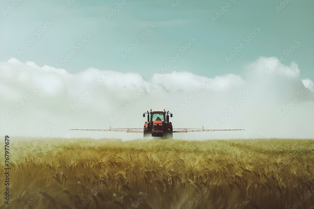 Fototapeta premium A tractor spraying pesticides in a vast rural field on a sunny day. Concept Agriculture, Farming, Pesticides, Tractor, Rural Setting