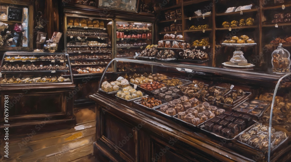 Detailed painting depicting the cozy interior of a gourmet chocolate shop, showcasing a variety of handmade chocolates
