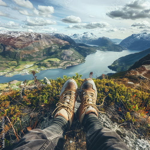 View from mountains lake river - Hiking hiker traveler landscape adventure nature sport background panorama. © Social Material