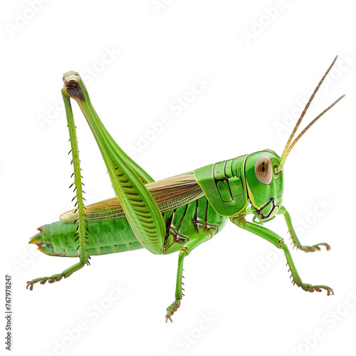 A green grasshopper is standing on a white background. The grasshopper is the main focus of the image, and it is in a relaxed and peaceful state