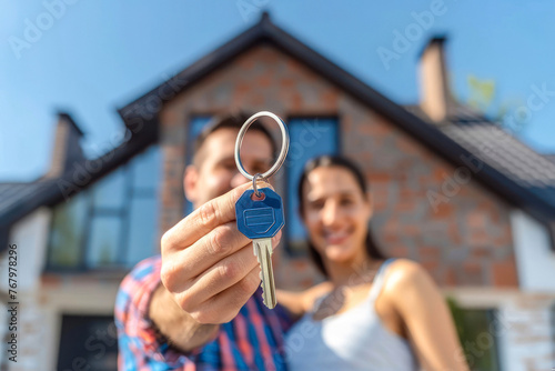 A happy couple is shown holding a set of keys with a focus on the keyring, symbolizing home ownership, with their new house blurred in the background
