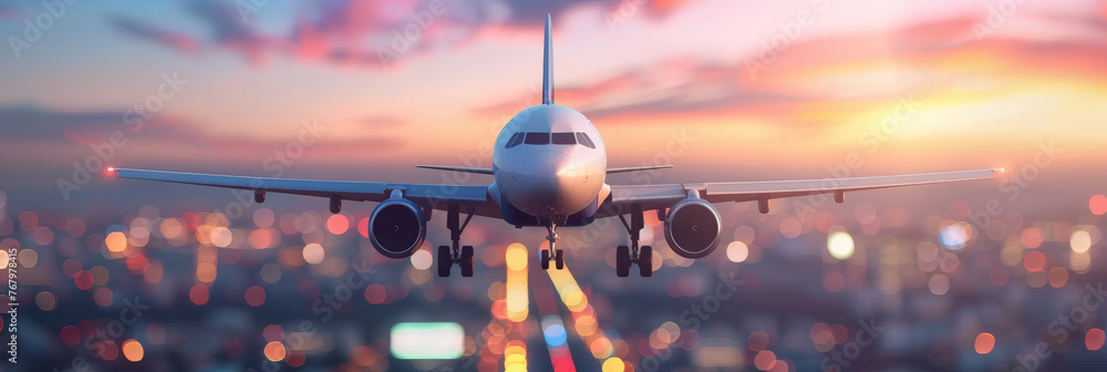  airplane flying over the city, with blurred lights in background, travel and business journey concept. Airplane on air flight with urban skyline at sunset - obrazy, fototapety, plakaty 