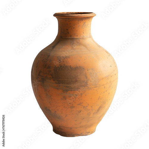 A large orange vase sits on a white background. The vase is made of clay and has a rustic appearance. It is the center of attention in the image, drawing the viewer's eye
