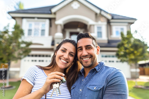 A beaming couple holding a bunch of house keys with their new home in the background