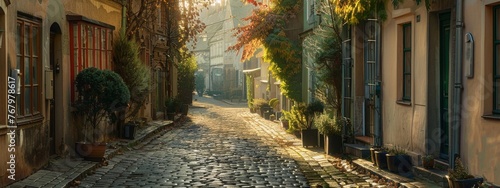 A peaceful, early morning scene of a quiet, cobblestone street in Europe.