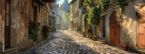 A peaceful, early morning scene of a quiet, cobblestone street in Europe.