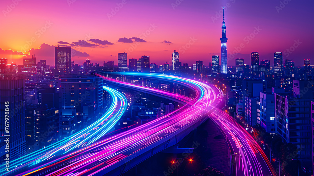 Fototapeta premium Night City Life and Highway Motion, Urban Skyline and Architecture, Travel Destination