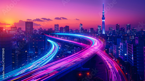Night City Life and Highway Motion, Urban Skyline and Architecture, Travel Destination