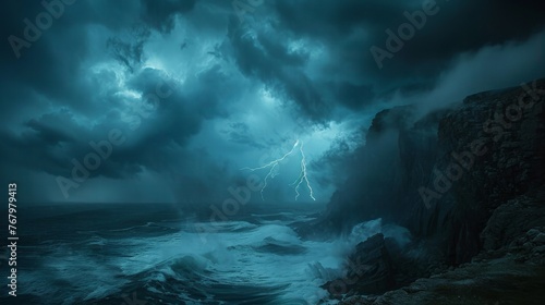 A powerful thunderstorm over a rugged coastline, with waves crashing against the cliffs under the flash of lightning, capturing the raw power of nature and the contrast between the dark storm clouds.