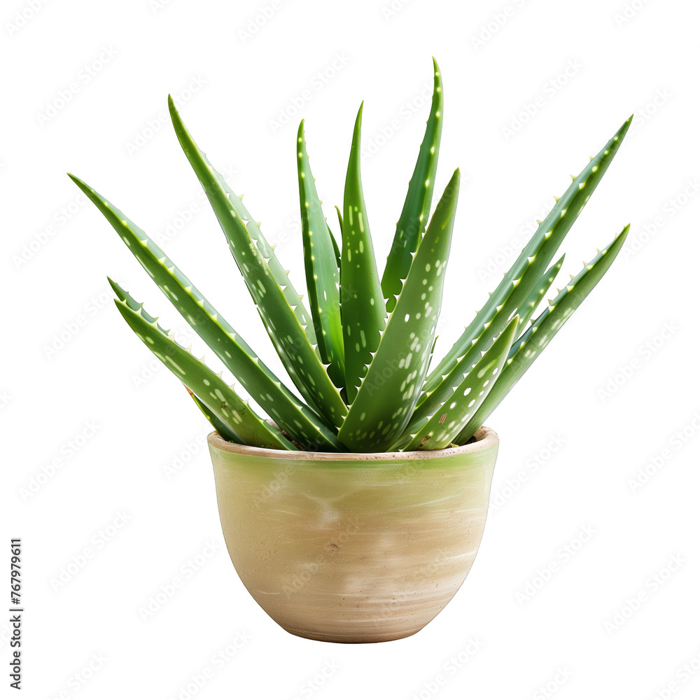 A small potted aloe plant sits in a brown ceramic bowl. The plant is green and has white spots on its leaves. Concept of calm and simplicity A small potted aloe plant sits in a brown ceramic bowl. The plant is green and has white spots on its leaves. Concept of calm and simplicity