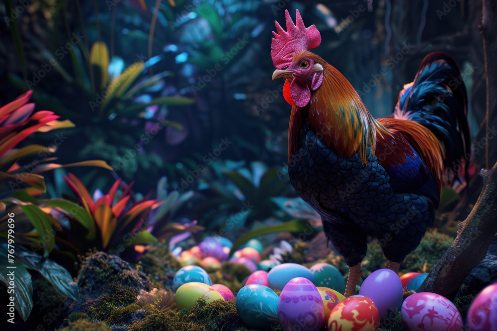 Majestic Rooster in Vibrant Garden, Easter time, Spring is coming,  Cute design