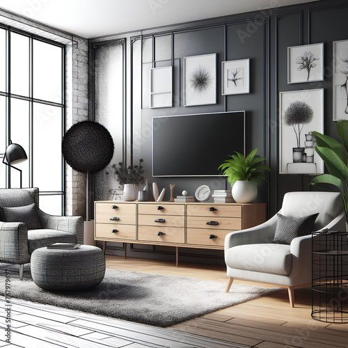 New living room interior with a comfortable armchair, chest of drawers, screen and indoor plants, a pencil black and white sketch in one part of the screen turns into real volumetric furniture in anot photo