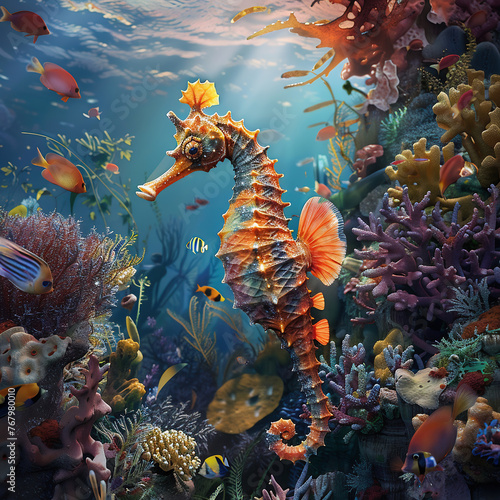 Seahorse in a coral reef with corals and fish.