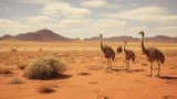 A group of ostriches are standing in a desert