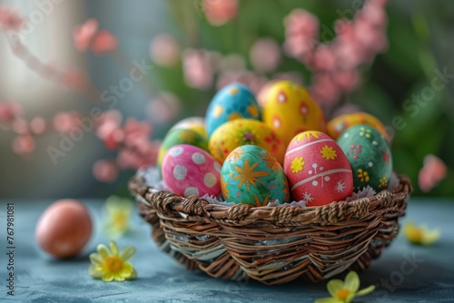 A wicker basket filled with colorful Easter eggs on a wooden table