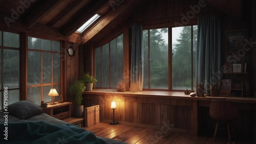 Forest view and rainfall in wooden chalet photo
