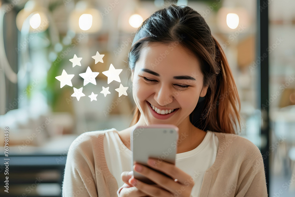 Happy customer leaving positive reviews and ratings on a mobile shopping app, providing opinions and feedback to product seller Happy customer leaving positive reviews and ratings on a mobile shopping app, providing opinions and feedback to product seller