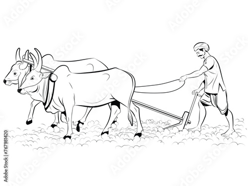 Indian former working with plough