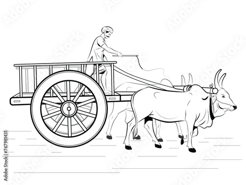 farmer riding a bullock cart sketch
