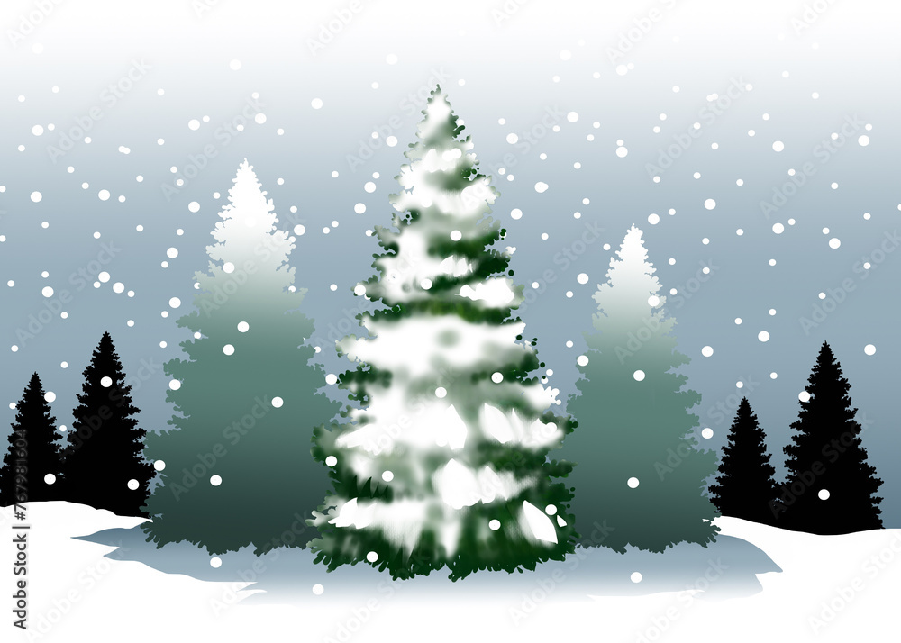 illustration of snow covered spruce tree forest 