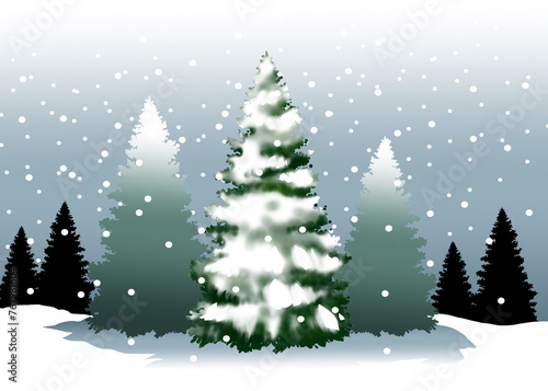 illustration of snow covered spruce tree forest 