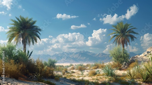 A serene digital oasis in a desert landscape, representing an information safe haven amidst the chaos of misinformation. Position the oasis to allow for text on the desert side.