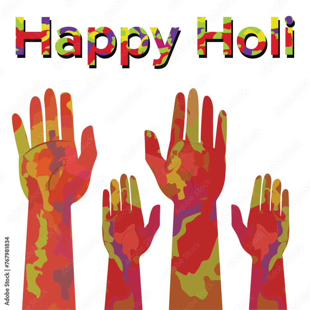 Obraz premium Pair of hands holding the word 'Happy Holi' written in vibrant colors against a white background